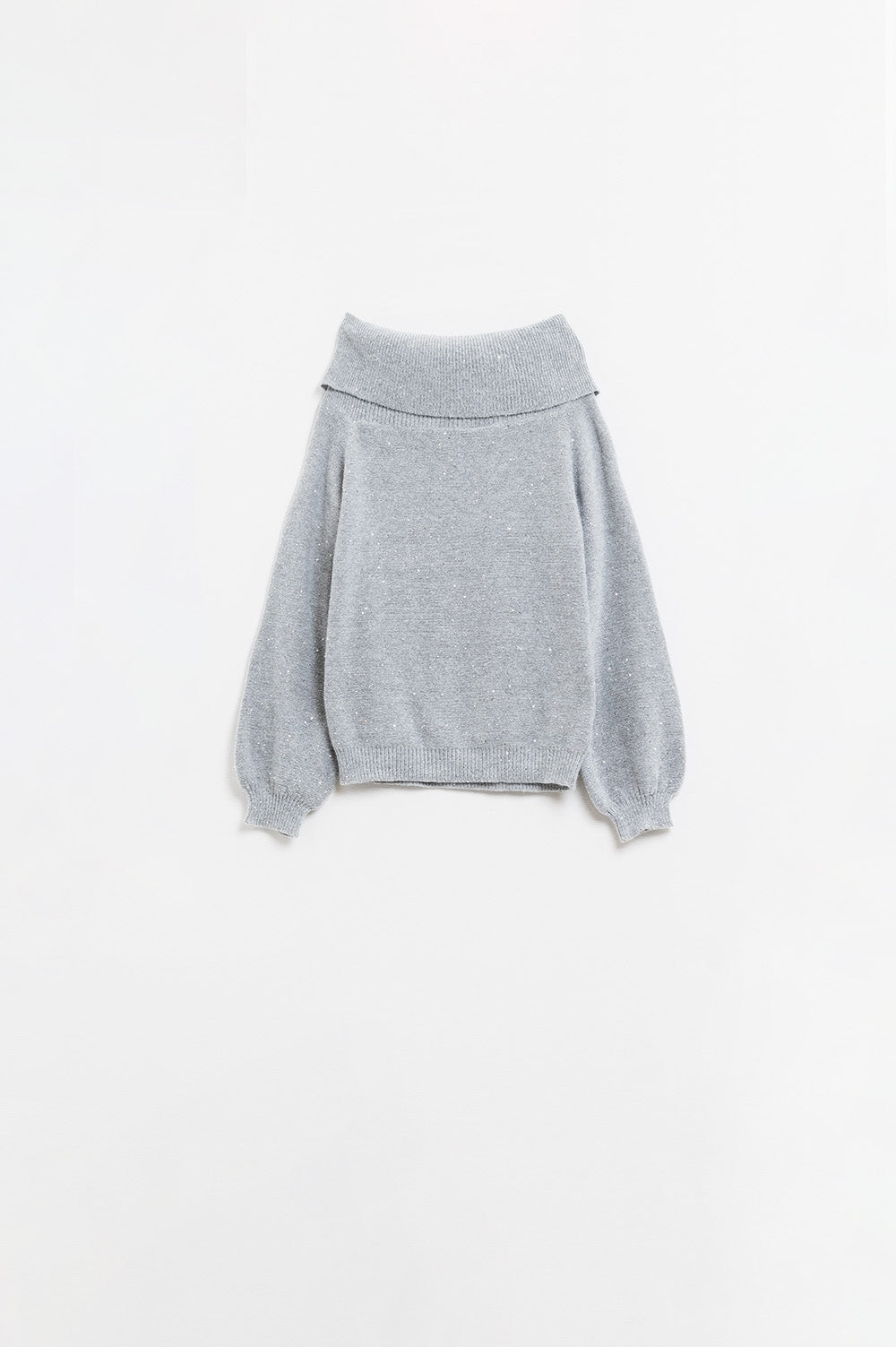 Camisola cinzenta com gola redonda e lantejoulas