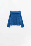 camisola de malha fofa com gola redonda em azul