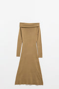 Vestido Maxi Bardot largo de malha em camel