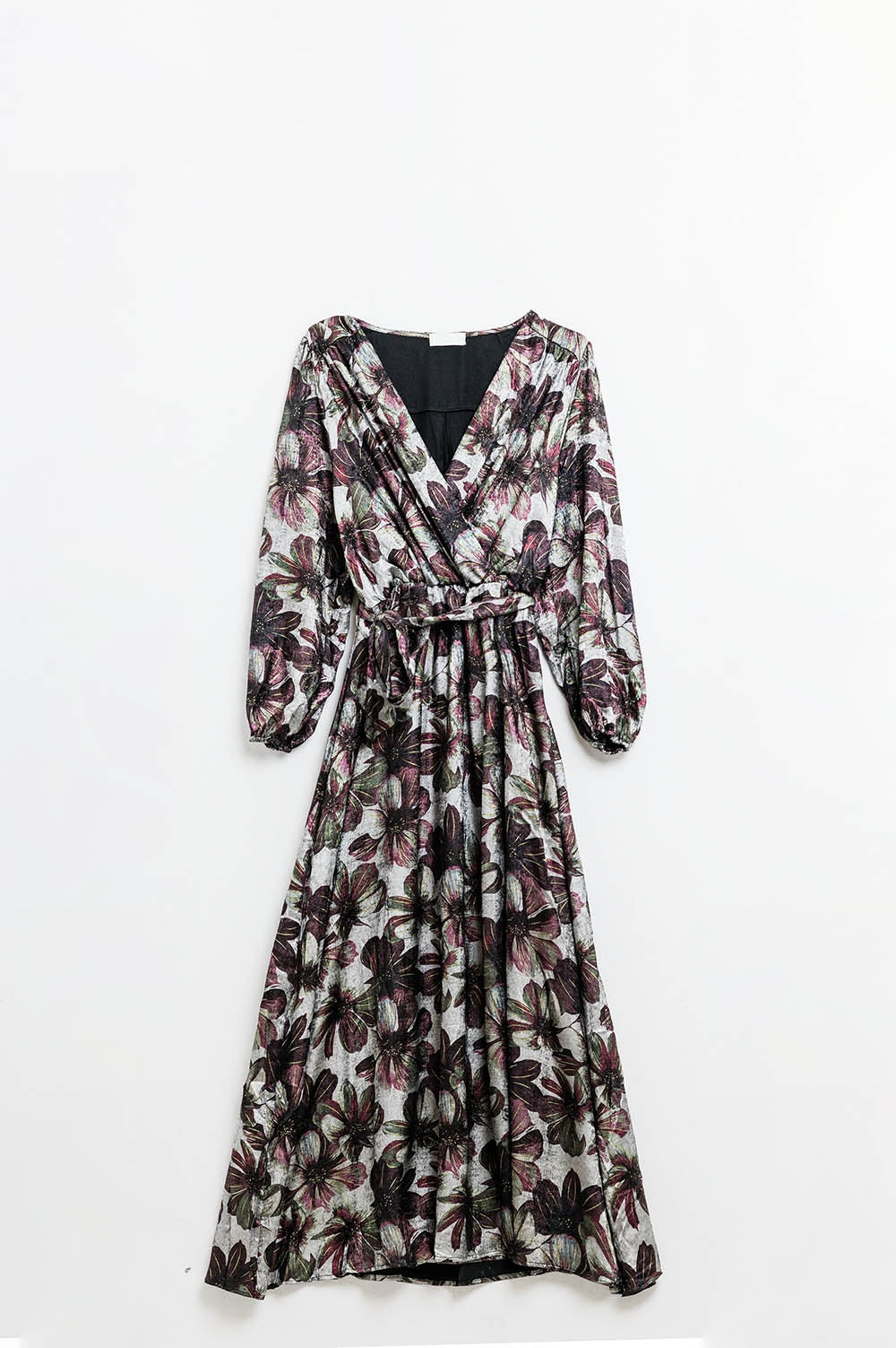 vestido maxi com estampado de flores de efeito metálico