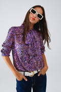 Blusa com laço no pescoço com estampado animal roxo