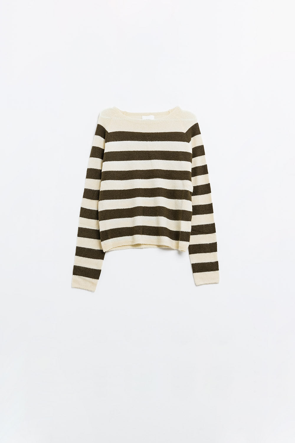 Camisola de malha fina em bege com riscas castanhas