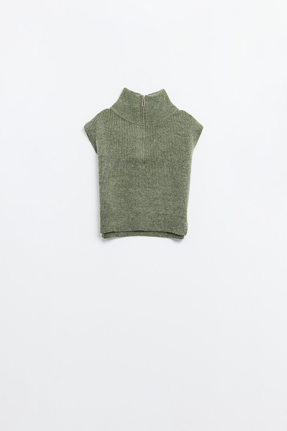 Camisola verde de gola alta sem mangas com fecho de correr