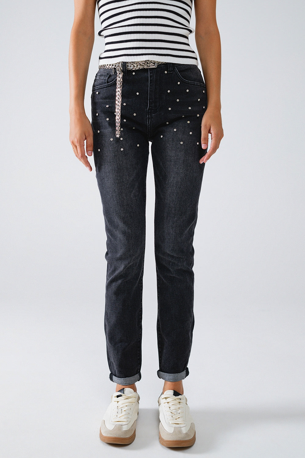 Calças de ganga skinny pretas com brilhantes