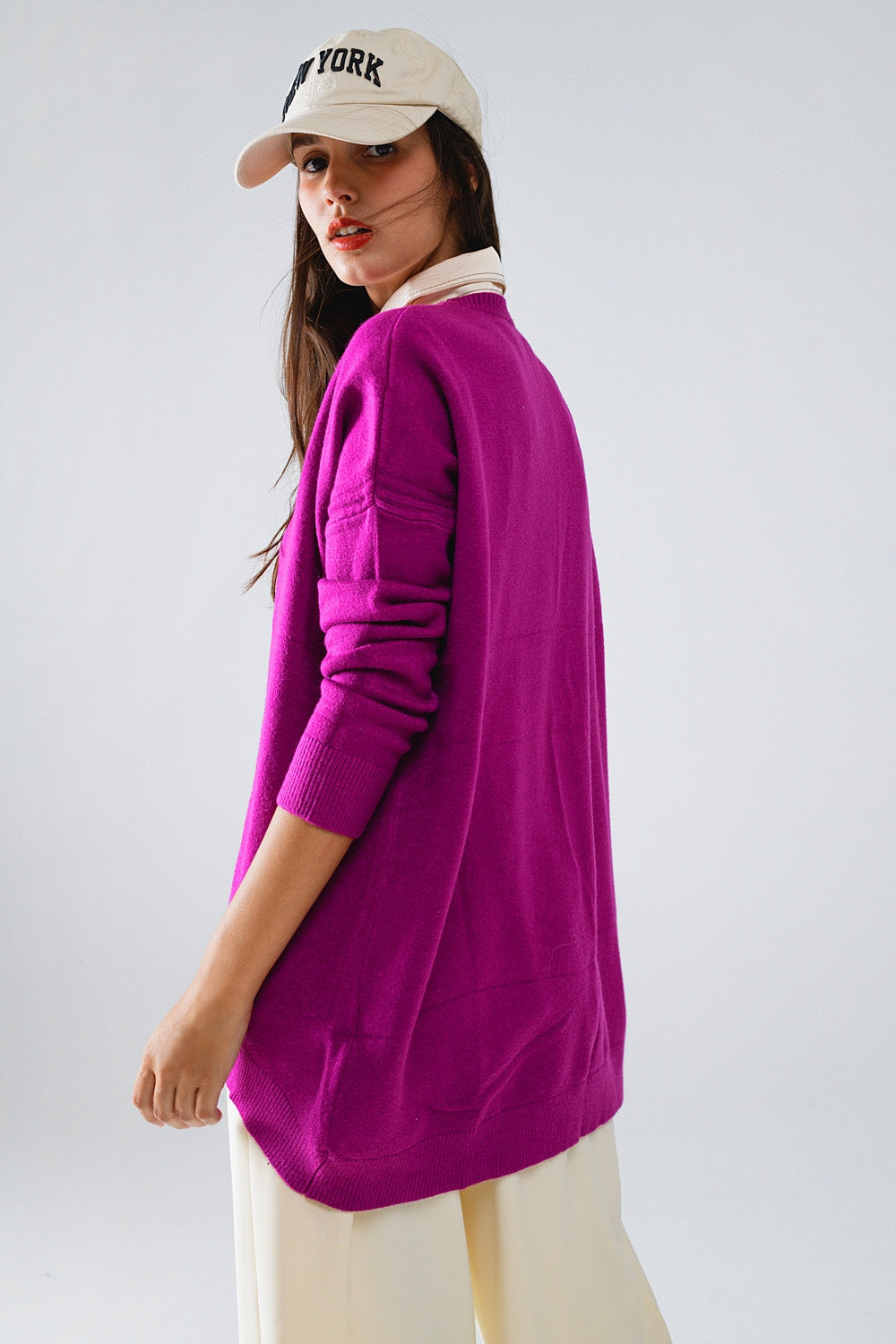 Camisola com gola redonda e manga comprida em fúcsia