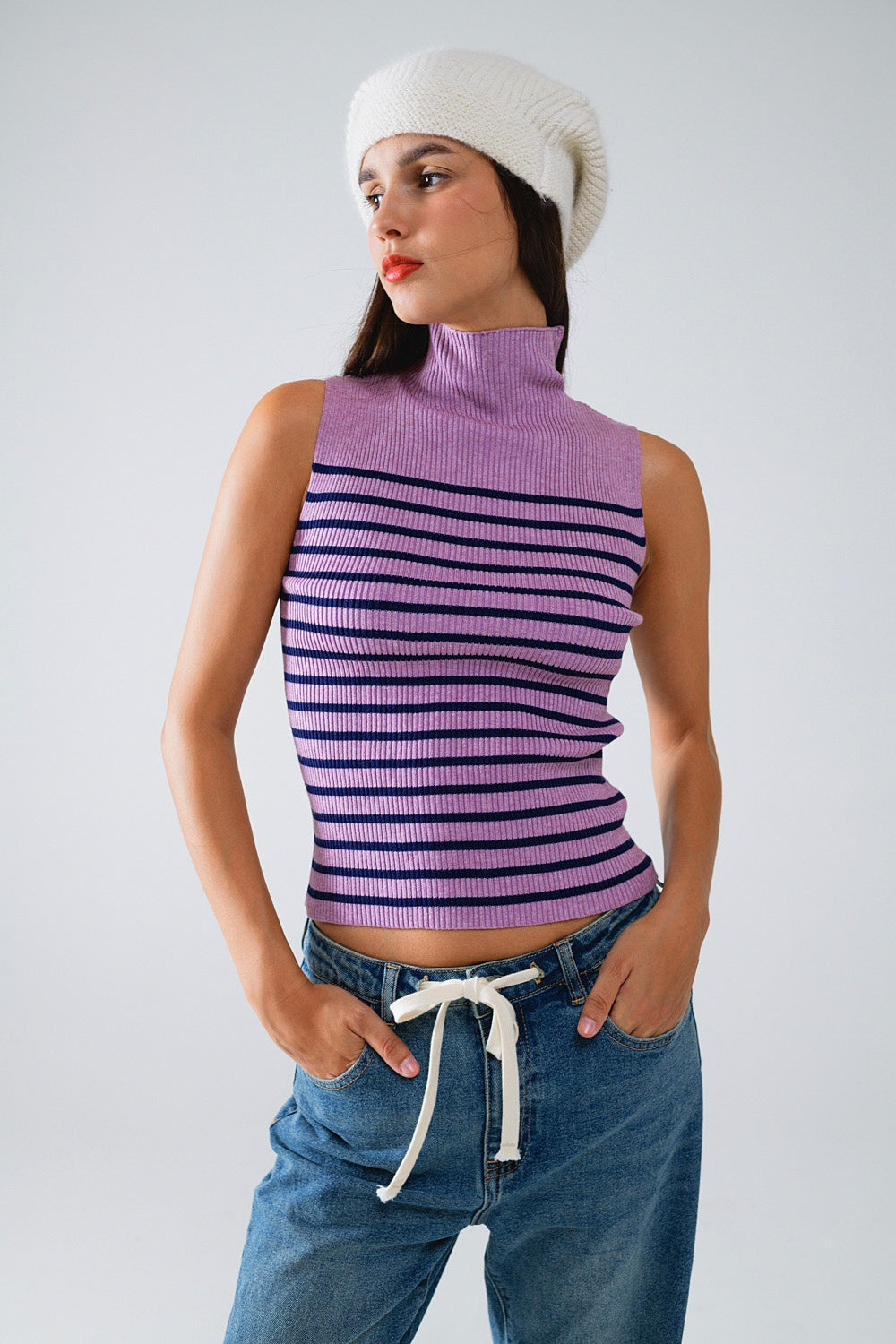 Tank Top com gola de tartaruga às riscas em Lavander