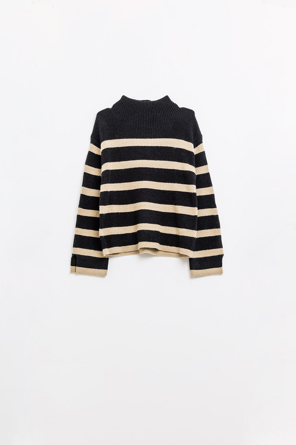 Camisola de malha canelada em preto com riscas camel