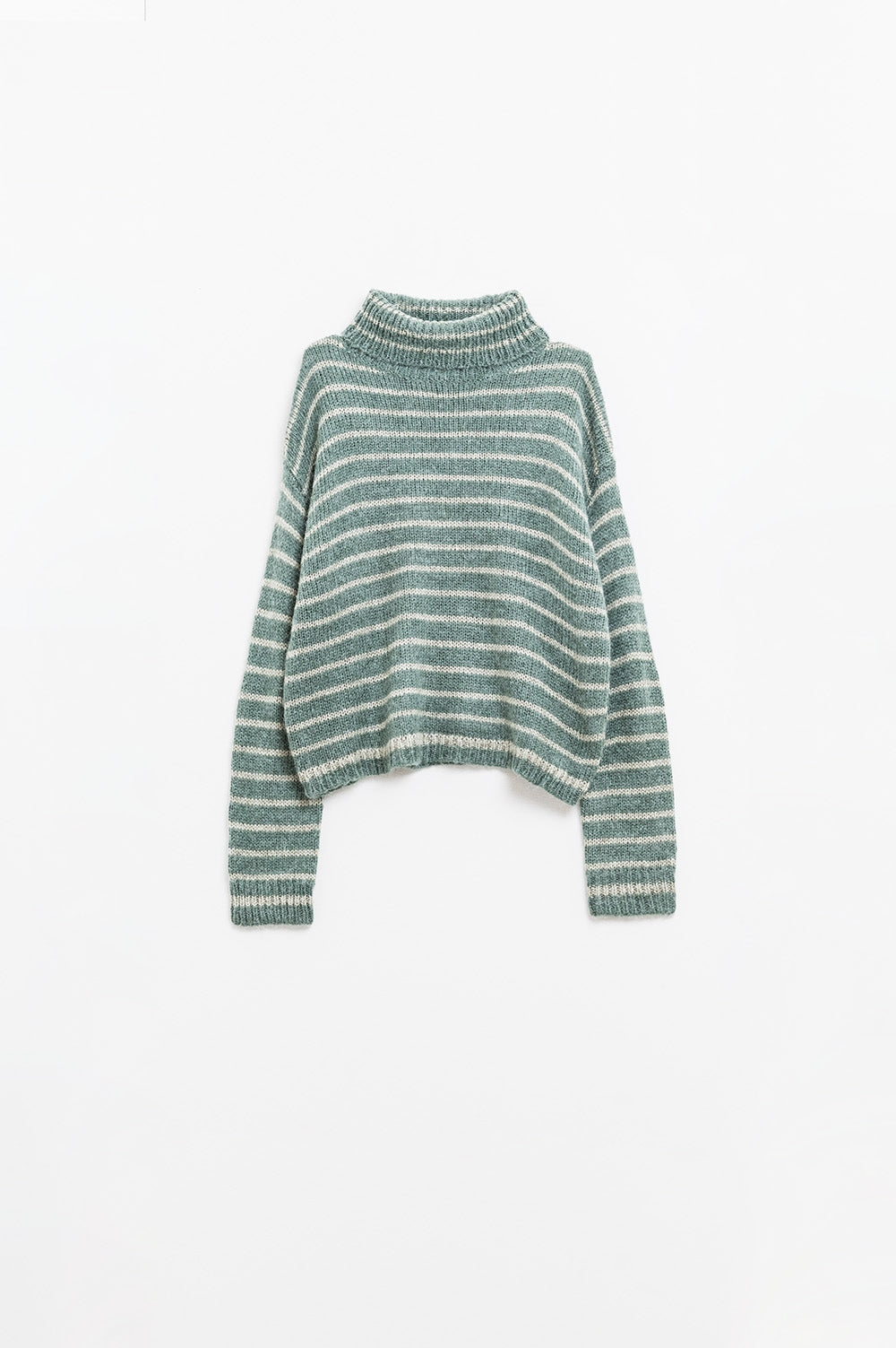 camisola de gola alta às riscas em malha macia verde