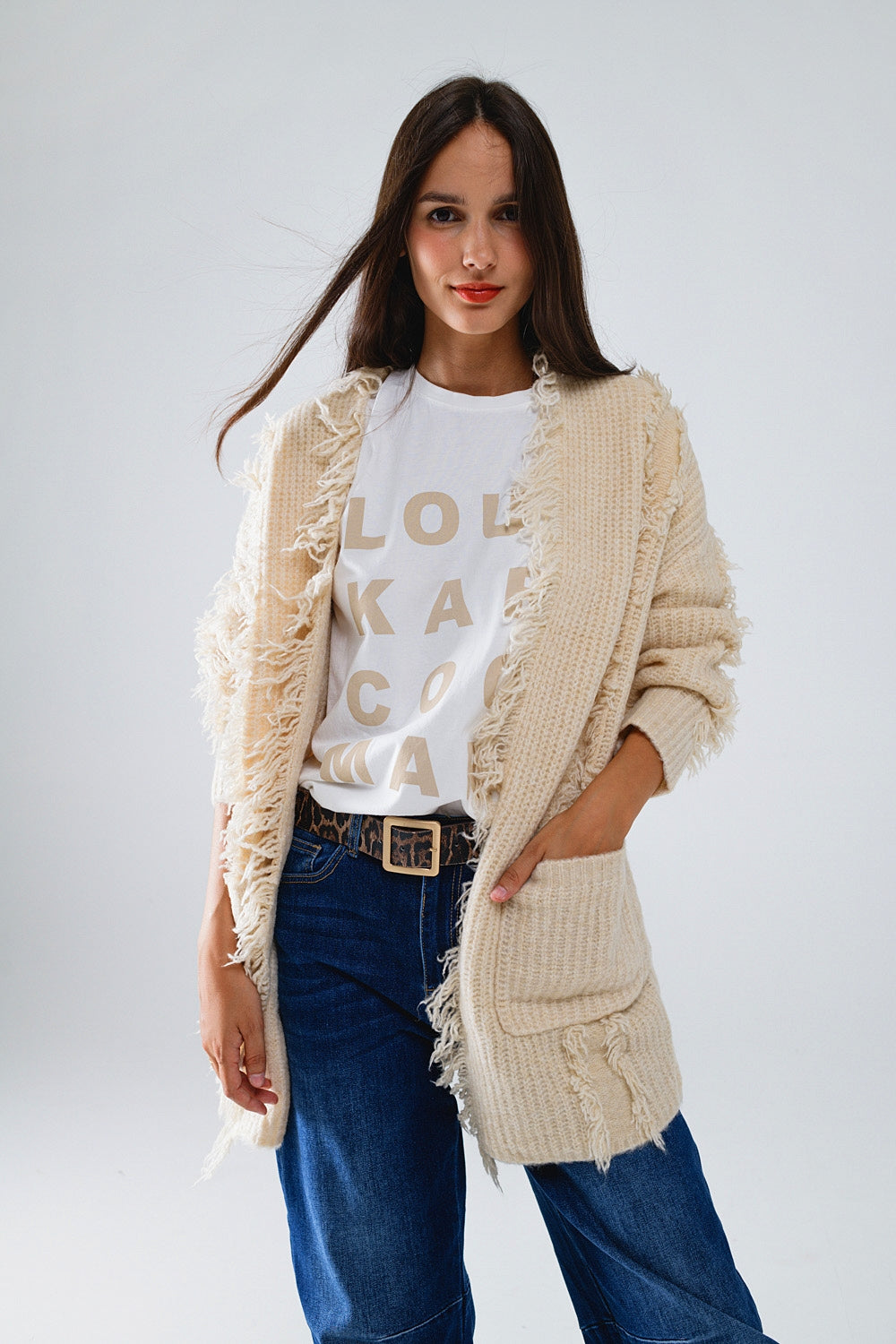 Casaco de malha branco Boho com bolsos à frente