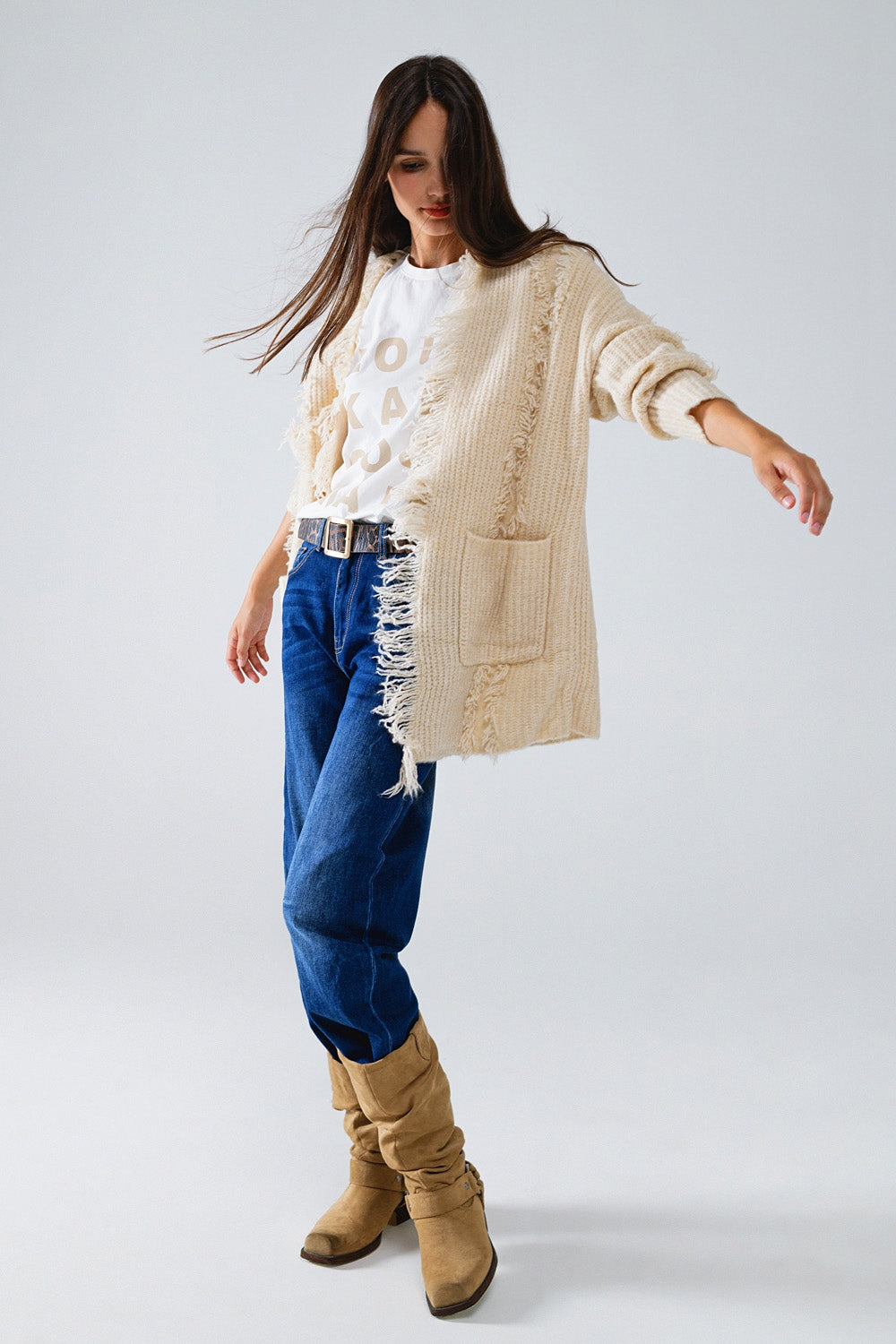 Casaco de malha branco Boho com bolsos à frente