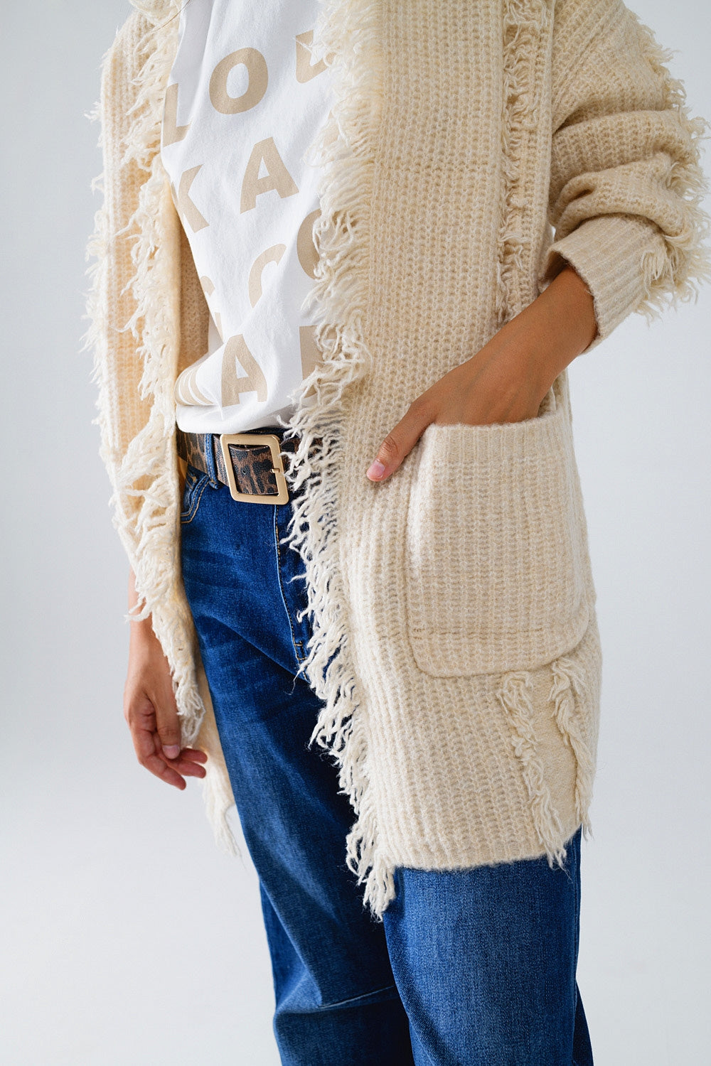 Casaco de malha branco Boho com bolsos à frente