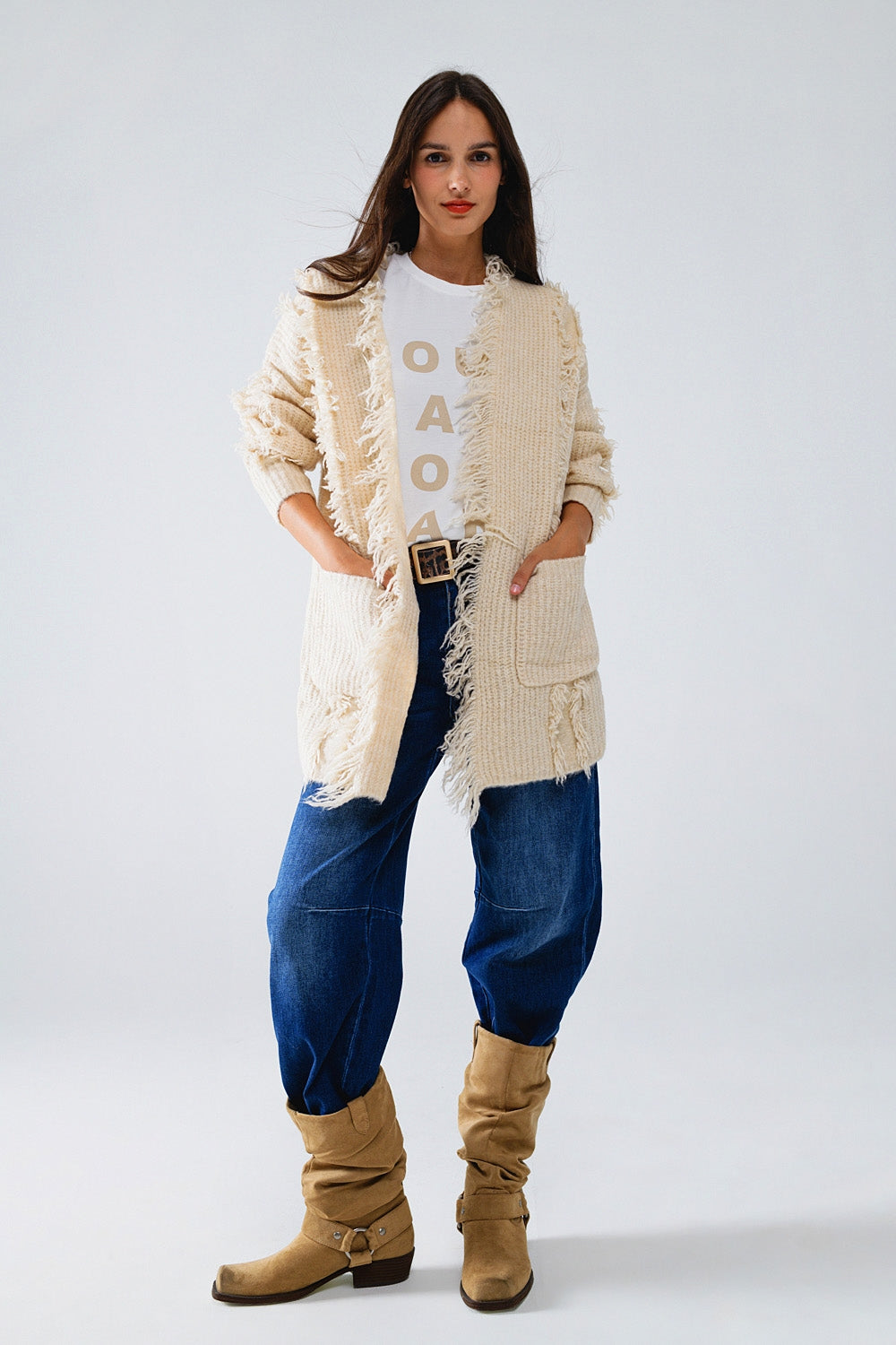 Casaco de malha branco Boho com bolsos à frente
