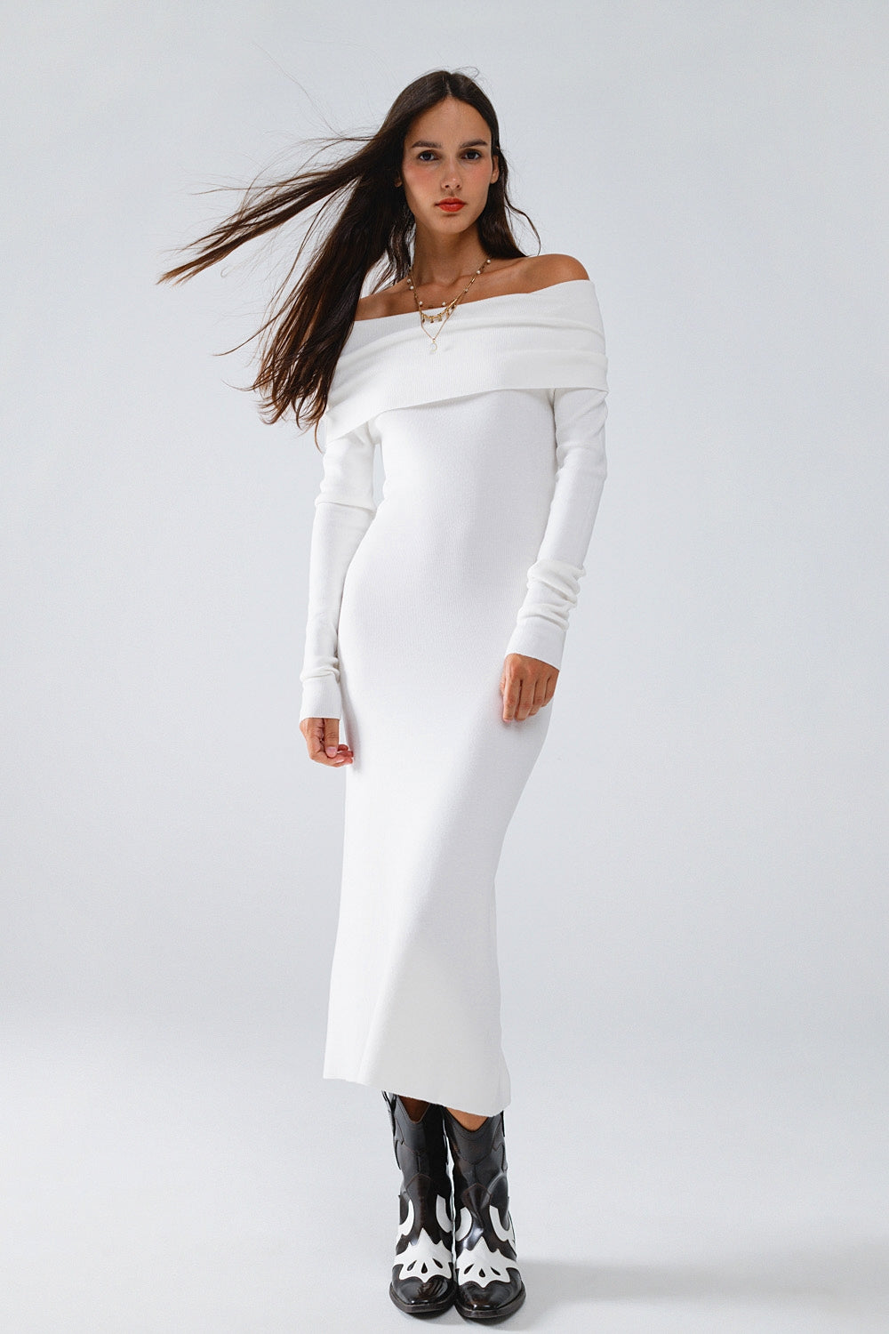 Vestido maxi tricotado com foldover Badot em branco