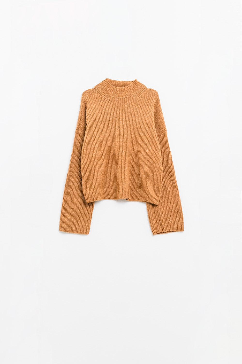 Camisola de gola alta com nervuras em camel