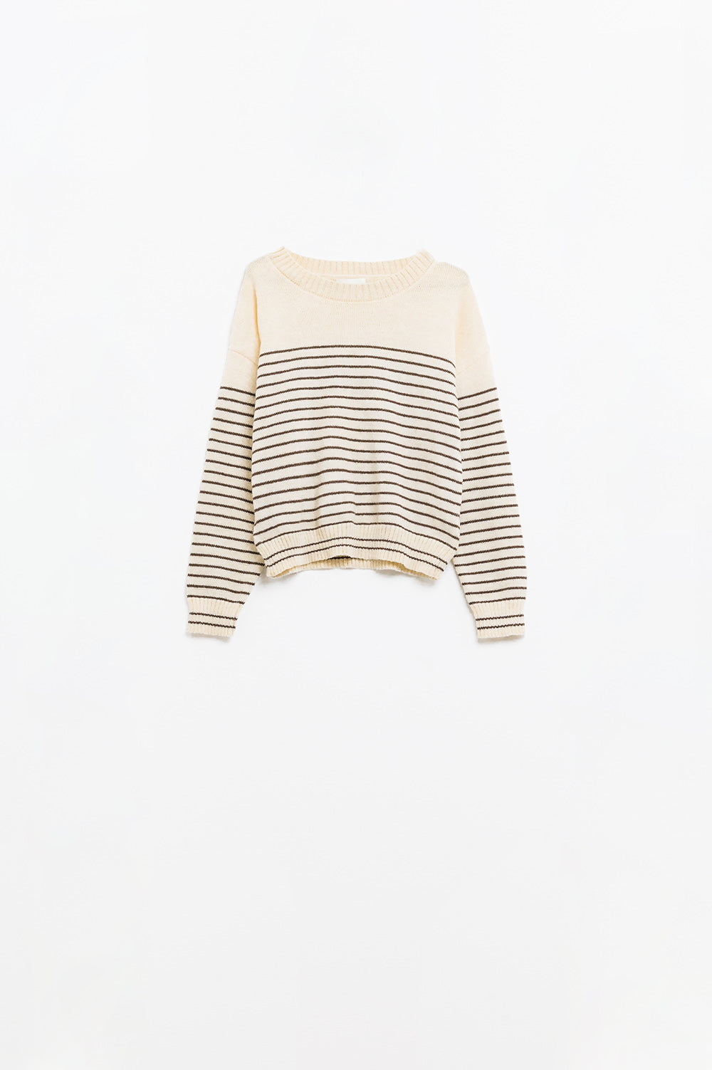 Camisola creme com riscas castanhas e gola redonda