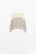 Camisola creme com riscas castanhas e gola redonda