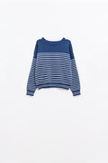 camisola azul-marinho com riscas brancas e gola redonda