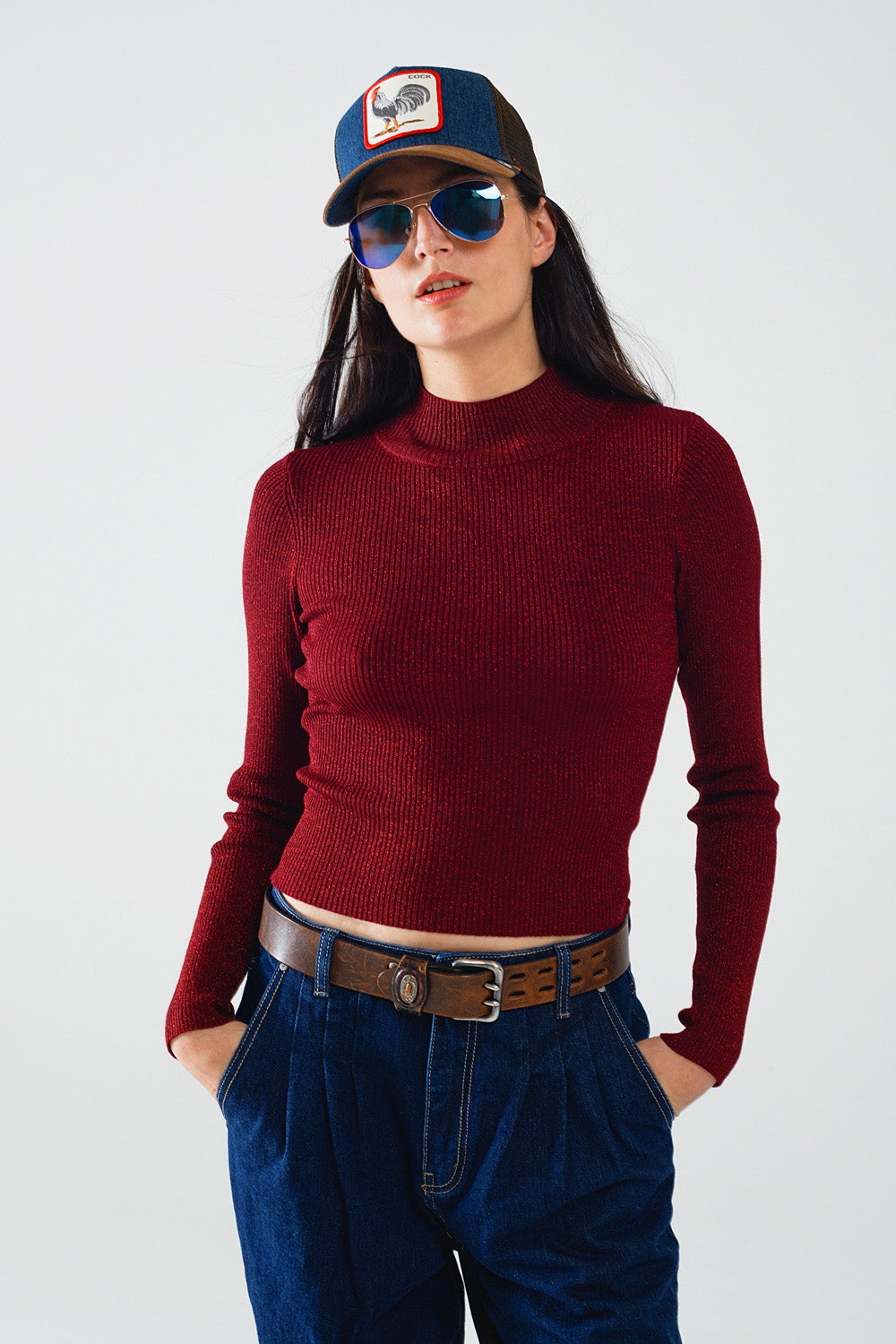 Camisola de manga comprida com gola alta e glitter vermelho brilhante