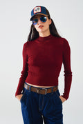 Camisola de manga comprida com gola alta e glitter vermelho brilhante