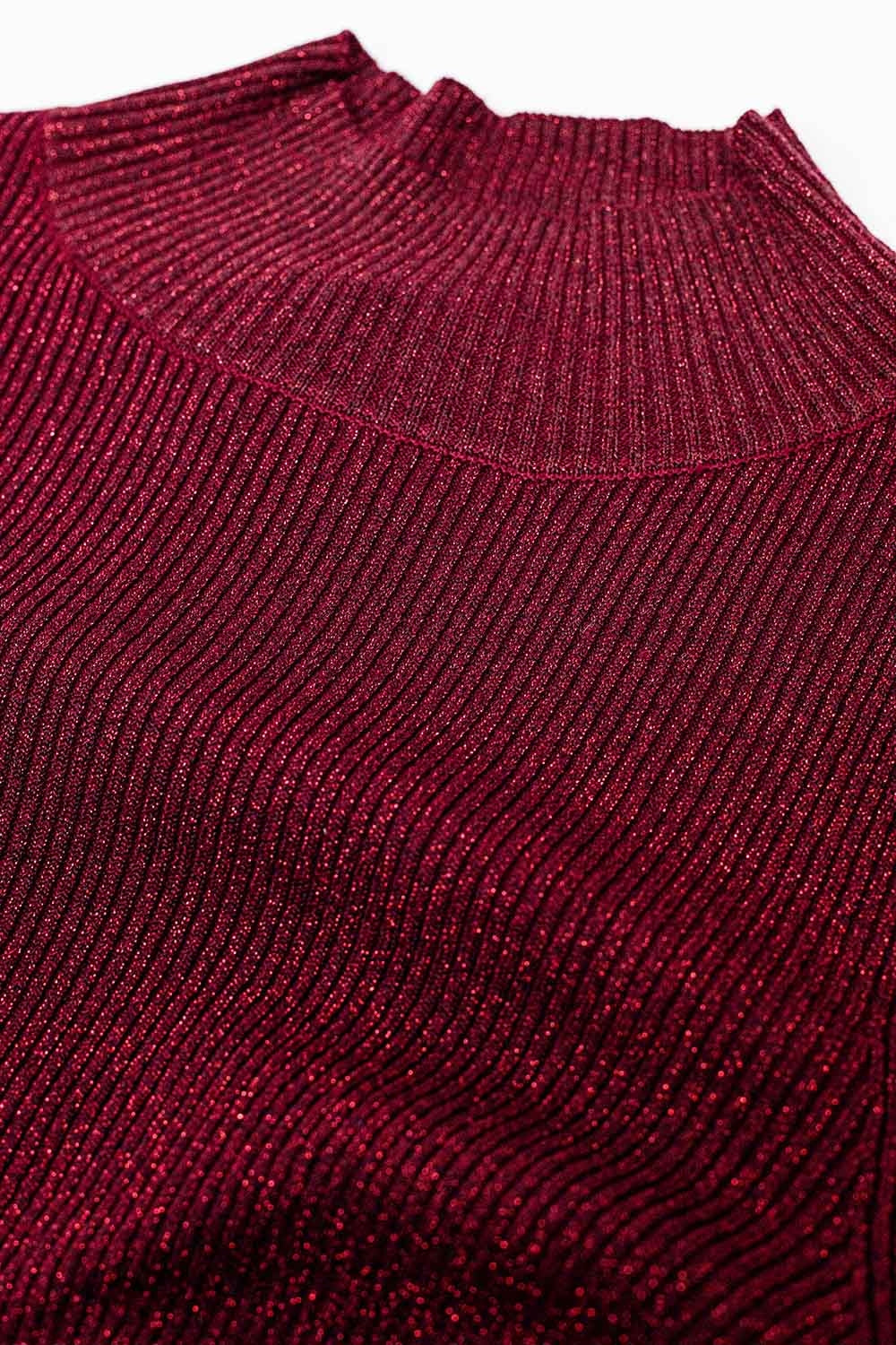 Camisola de manga comprida com gola alta e glitter vermelho brilhante